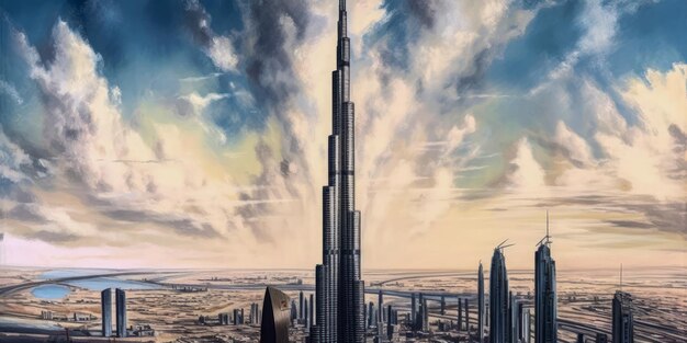 Foto disegno ad acquerello a colori della silhouette della città di dubai