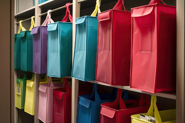 Colorcoded hanging organizers in a classroom closet created with generative ai