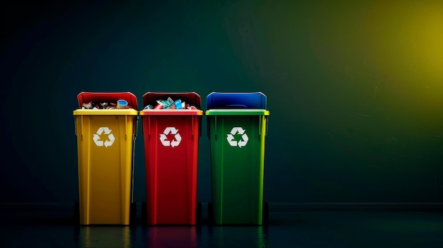 ColorCoded Recycling Bins Against Dark Wall for Waste Segregation