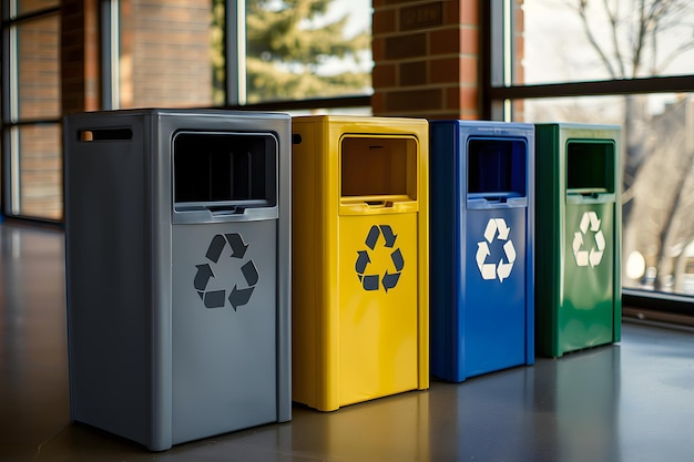 Фото Цветовые контейнеры для переработки отходов для разделения отходов в светлых помещениях