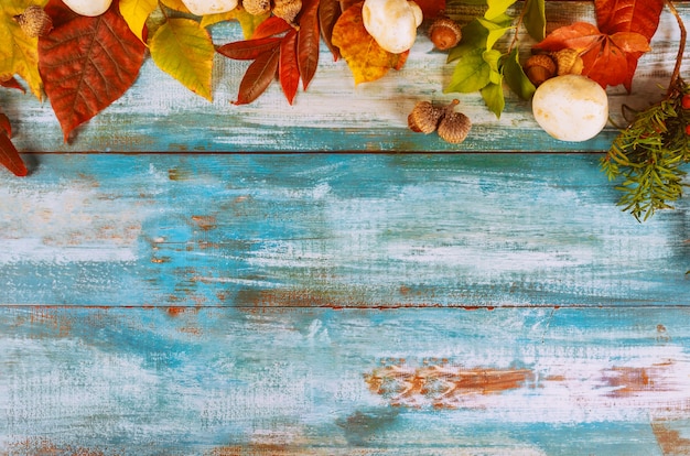 Colored autumn fallen leaves on wooden background, top view, copy space