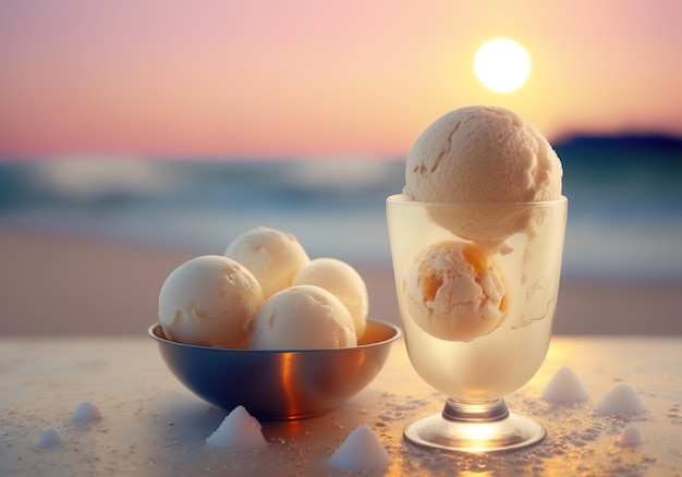 Colored balls of ice cream in a glass goblet against the background of sea waves and clouds in the sky AI generated