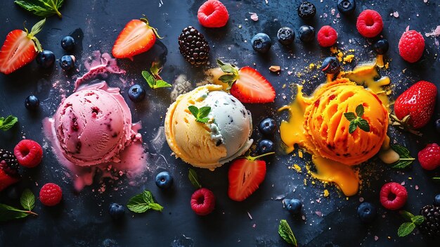 Photo colored balls of ice cream with berries on dark background from above flat lay