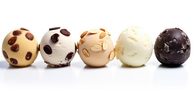 Colored balls of ice cream with nuts and chocolate chips in row isolated on a white background