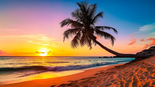 夕日の光と反射のあるヤシの木のある色のビーチ休暇のロマンス