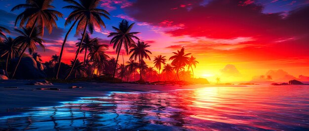 Colored beach with palm trees with sunset light and reflections Vacation romance