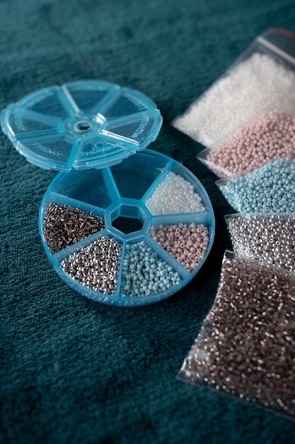 Colored beads in a transparent container