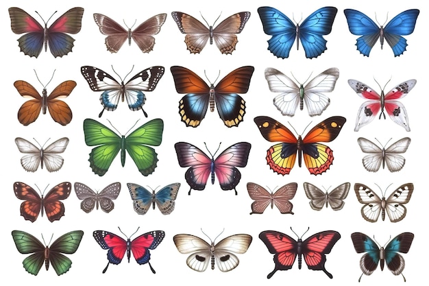 Colored butterflies of different types on a white background