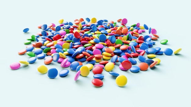 Colored candy falling on isolated background Close up of colorful chocolate buttons 3d illustration