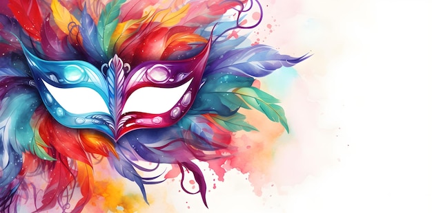 Цветная карнавальная маска с многоцветными перьями в стиле акварели на белом фоне