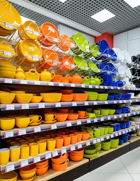 Colored ceramic tableware in a supermarket