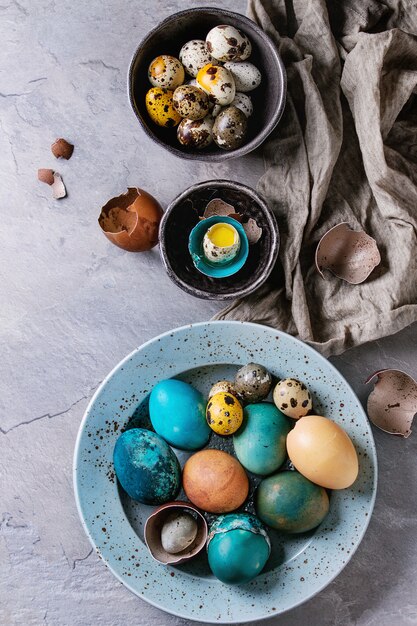 Colored chicken and quail eggs