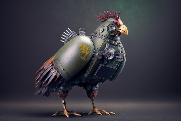 Colored chicken robot in photo studio