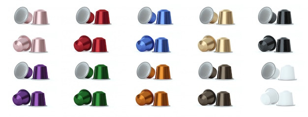 Colored coffee capsules on white.