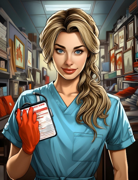 カメラ漫画セントを見て手にセリンゲを持っているクレイジー面白い看護師の着色されたページ