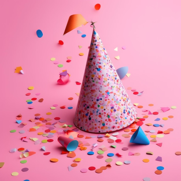 Colored confetti and party hat on colourful background Generative AI