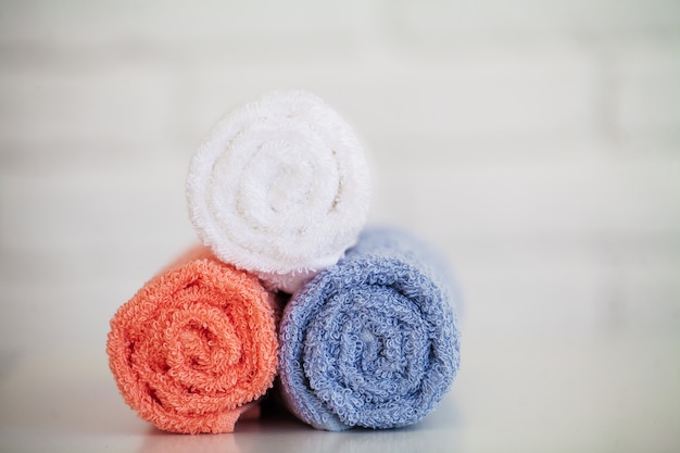 Colored Cotton Towels Use In Spa Bathroom, 