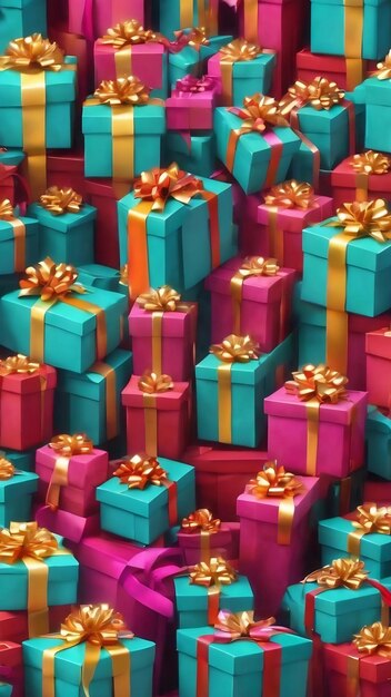 Colored craft gift boxes with colorful ribbons on colored background collection of christmas present