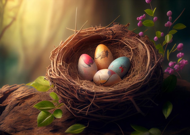 Colored deep red Easter eggs in nest AI Generated