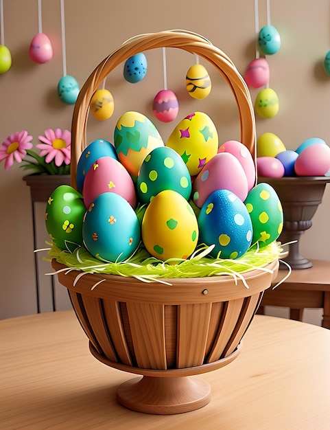 Colored Easter eggs in basket