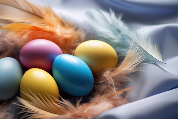 colored Easter eggs on a blue cloth