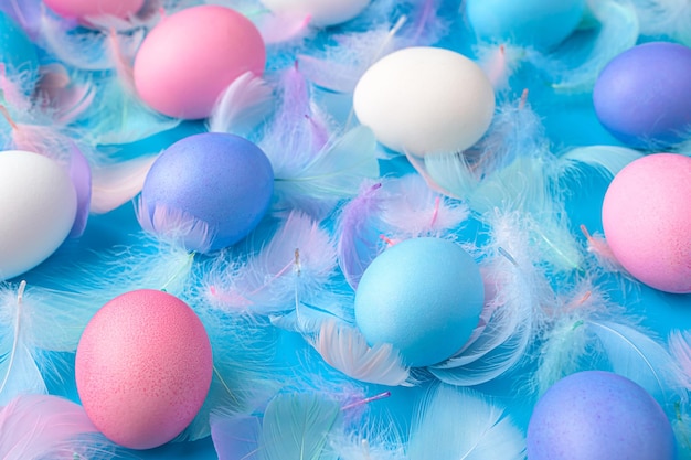 Colored Easter eggs and feathers on a blue background closeup Happy Easter concept closeup