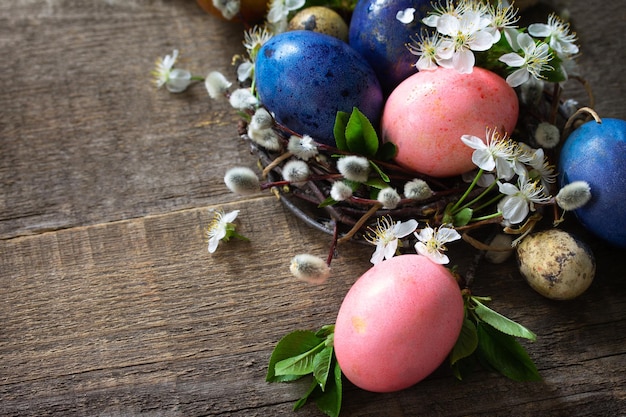 Colored Easter eggs in the nest with spring flowers on a gray wooden background Copy space