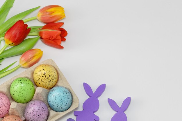 Colored Easter eggs and red tulips on white background