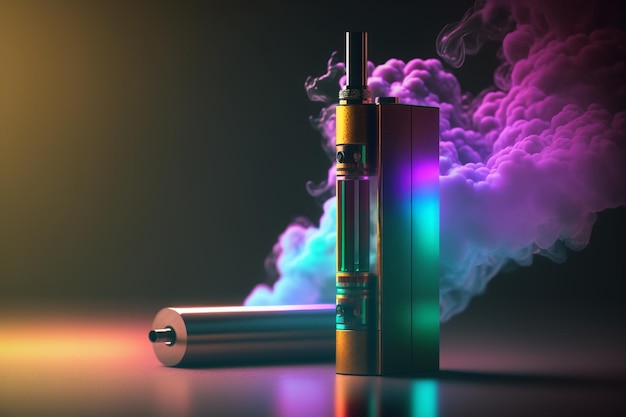 Colored ecigarettes for vaping and various fruits The symbol of the vape device Ecigarette Store for vaping Nicotine problem and addiction Stop The club of vapor and smoke