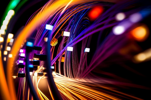 Фото Цветные электрические кабели и светодиоды. оптическое волокно, интенсивные цвета, фон для изображения технологий и новые бизнес-тенденции, созданные с помощью технологии генеративного искусственного интеллекта