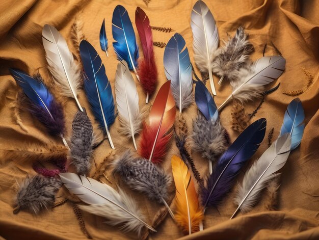 Photo colored feathers on a table with a brown tablecloth