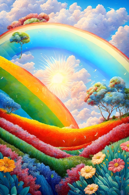 Colored fieldsrainbow and radiant suncolored art landscape