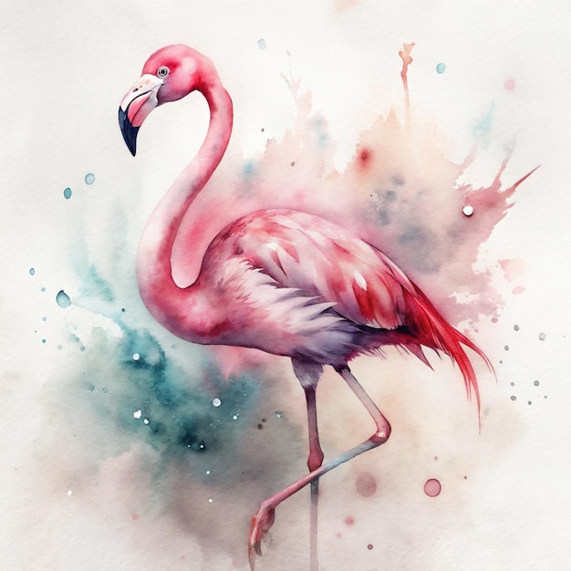 A colored flamingo stands gracefully with one leg lifted amidst a splash of watercolor effects