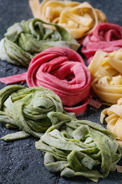 Colored fresh homemade pasta tagliatelle