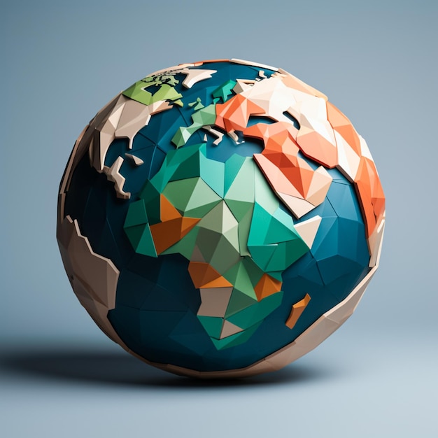 a colored globe with the green border on a gray background in the style of faceted shapes dark blu