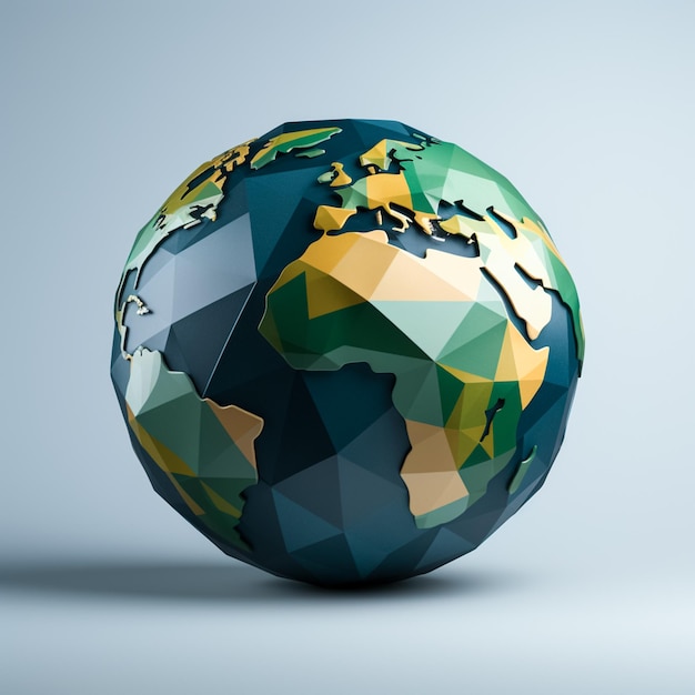 Photo a colored globe with the green border on a gray background in the style of faceted shapes dark blu