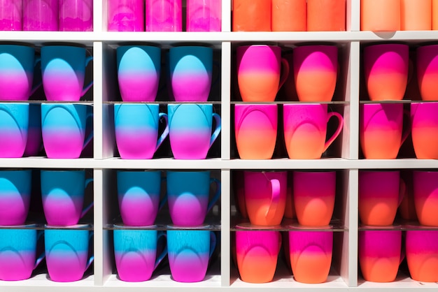 Colored gradient glasses on the shelves in the store. Cups of all colors of the rainbow on the counter of the store