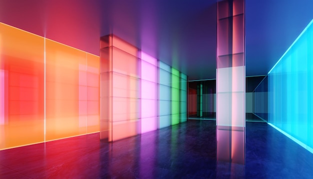 Colored gradient transparent glass wall and luminous glass billboard