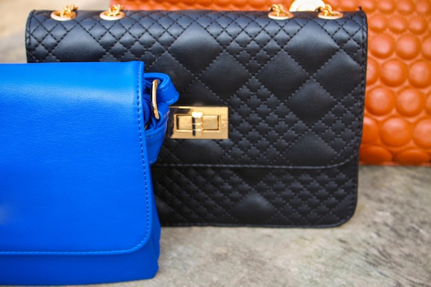 colored handbags closeup 