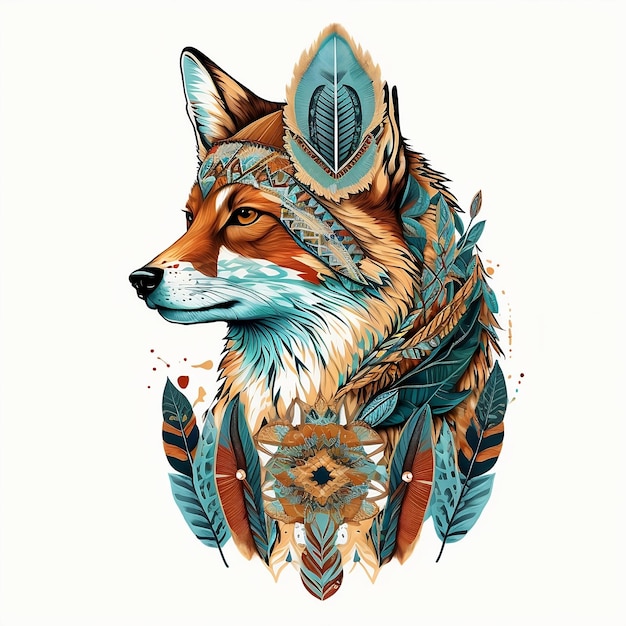 Colored head of wild red fox tribal totem