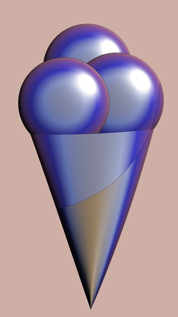 Colored ice cream balls in a metal color cone, image for design, neon glare and reflection, 3d render