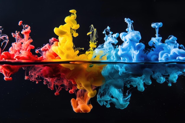 Colored ink in water on black background