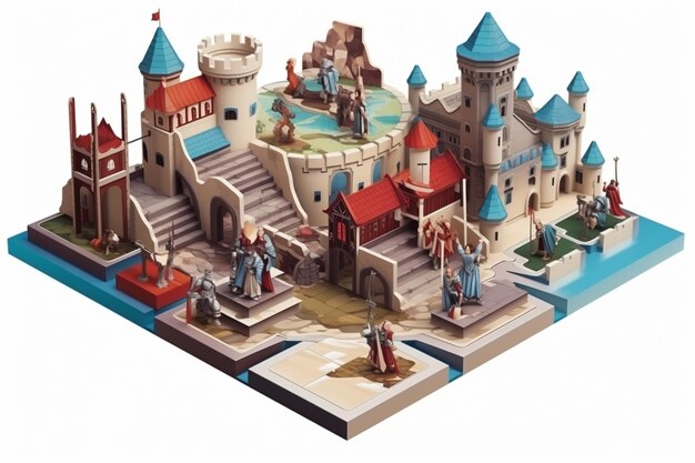 Colored and isometric medieval composition with knights tournament headline on white ribbon