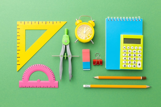 Colored items for school on a bright background. High quality photo