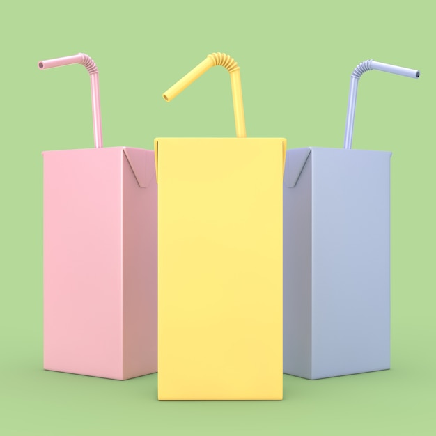 colored juice, yogurt or milk box with drinking straw and free space for yours design on a green background. 3d rendering
