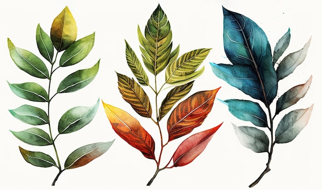 Colored leaf pattern on a white background in watercolor style generated AI Illustration for design