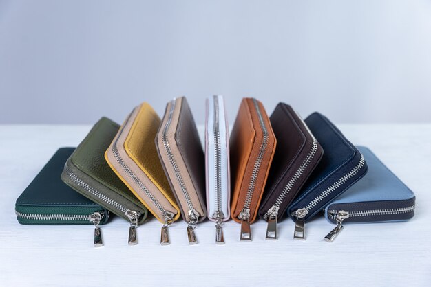 Colored leather products wallet are not laid out not a white background in the studio