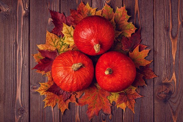 colored leaves and pumpkins on wooden .