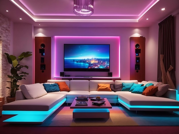 Colored LED lighting home cinema living room interior
