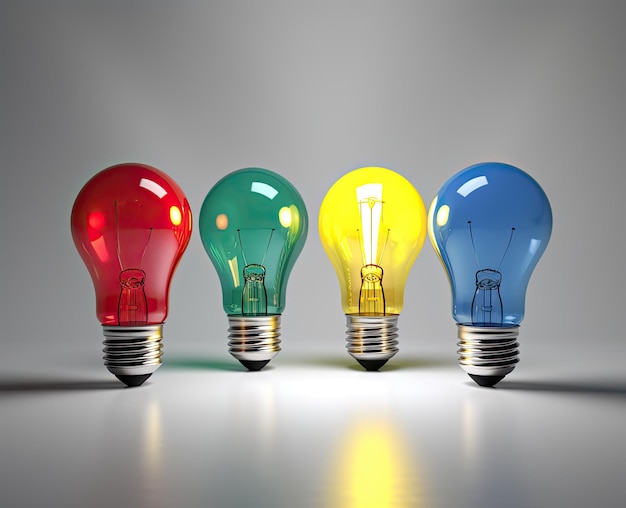 Colored light bulbs on a light background Bright ideas concept Generative AI